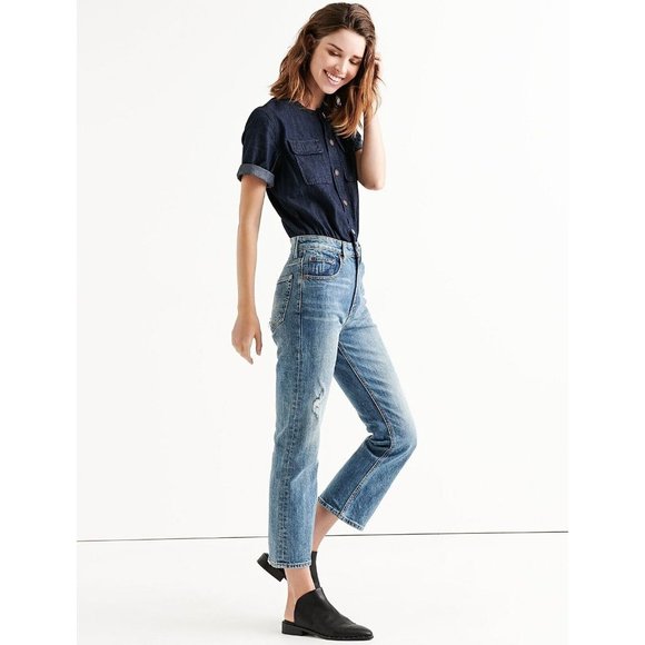 New $139 Lucky Brand Women's Two-Tone Distressed Denim Disco Jumpsuit Size 27 - Picture 2 of 3